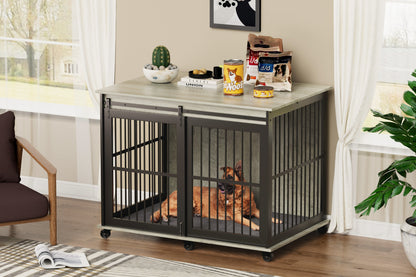 Furniture dog crate sliding iron door dog crate with mat. (Grey,43.7"W x 30"D x 33.7"H)