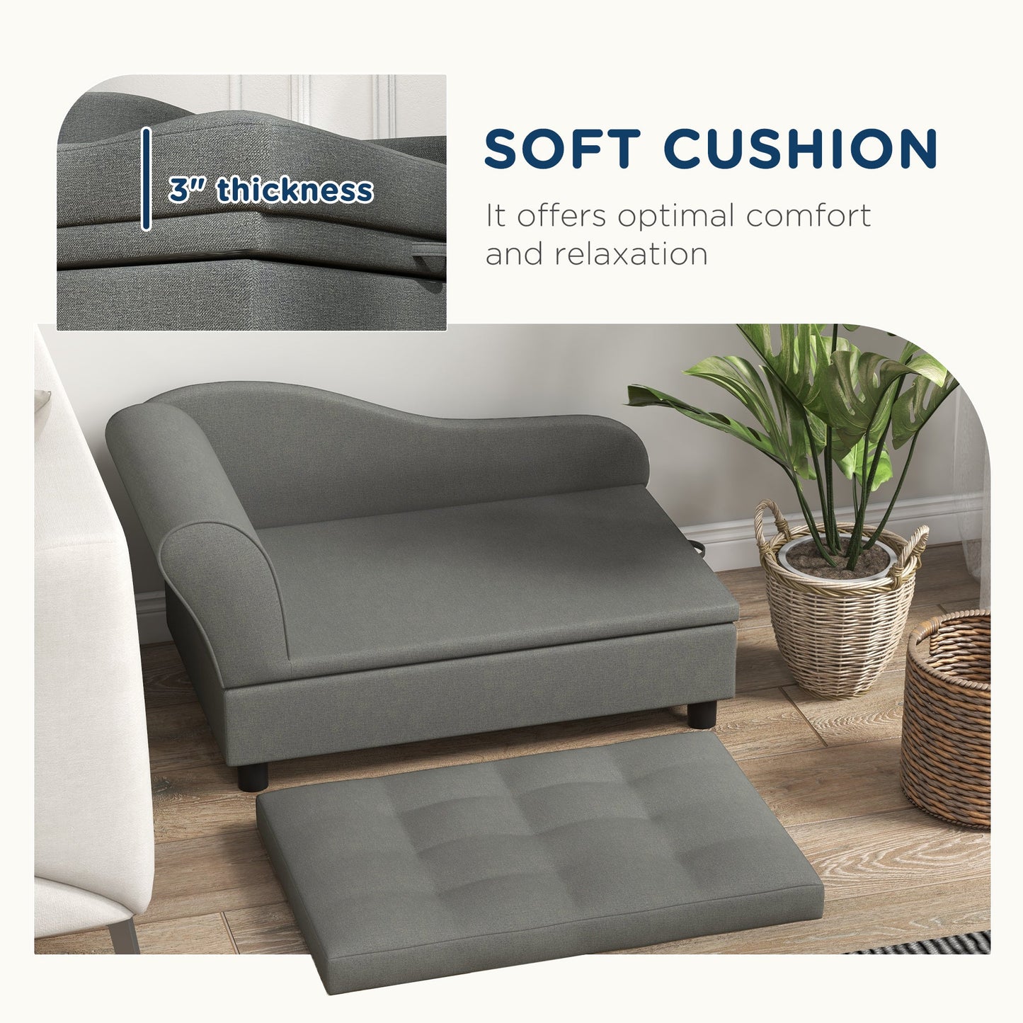 Pet Sofa, Dog Couch, Elevated Pet Bed for Small and Medium Dogs, with Hidden Storage, Soft Tufted Cushion, Gray