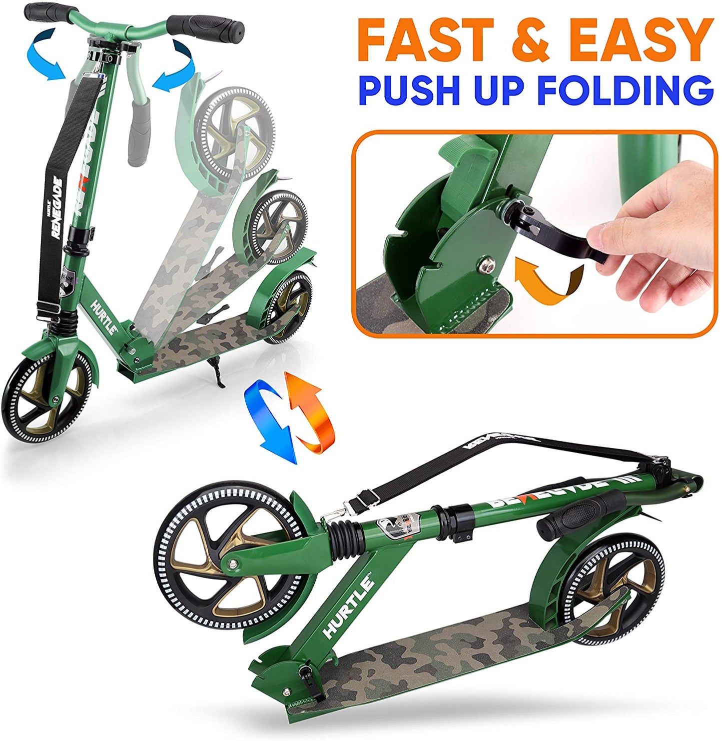 Hurtle Renegade Lightweight Foldable Teen and Adult Commuter Kick Scooter, Camo