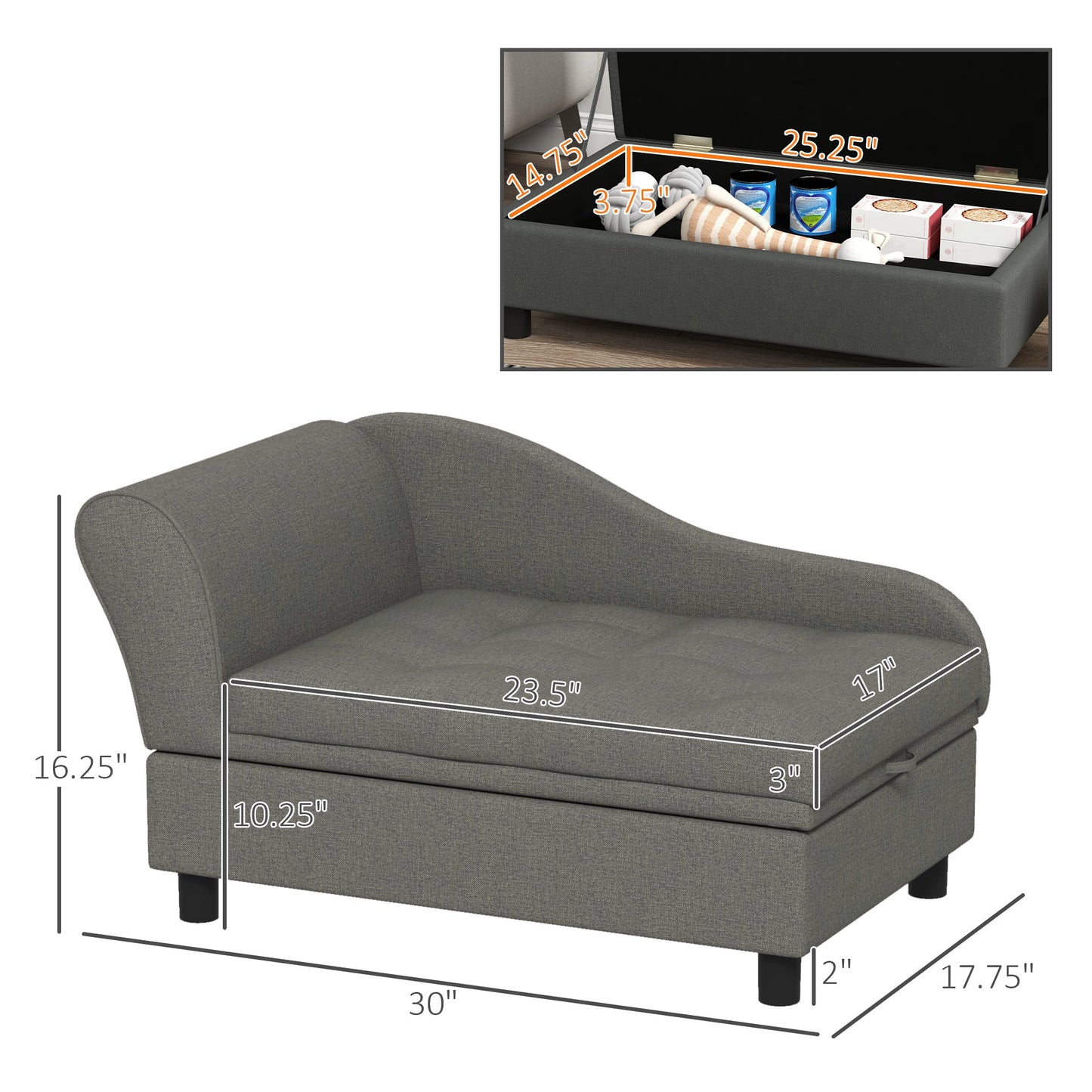 Pet Sofa, Dog Couch, Elevated Pet Bed for Small and Medium Dogs, with Hidden Storage, Soft Tufted Cushion, Gray