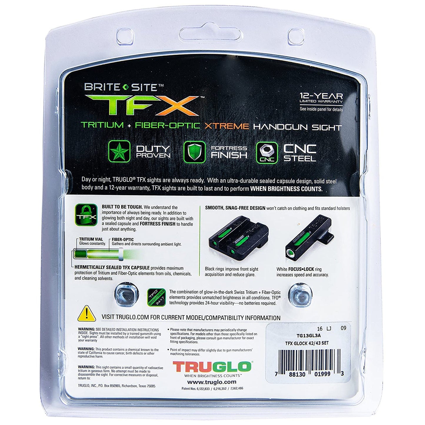 TruGlo TFK Fiber Optic Tritium Handgun Glock Pistol Sight Accessories, 42/43