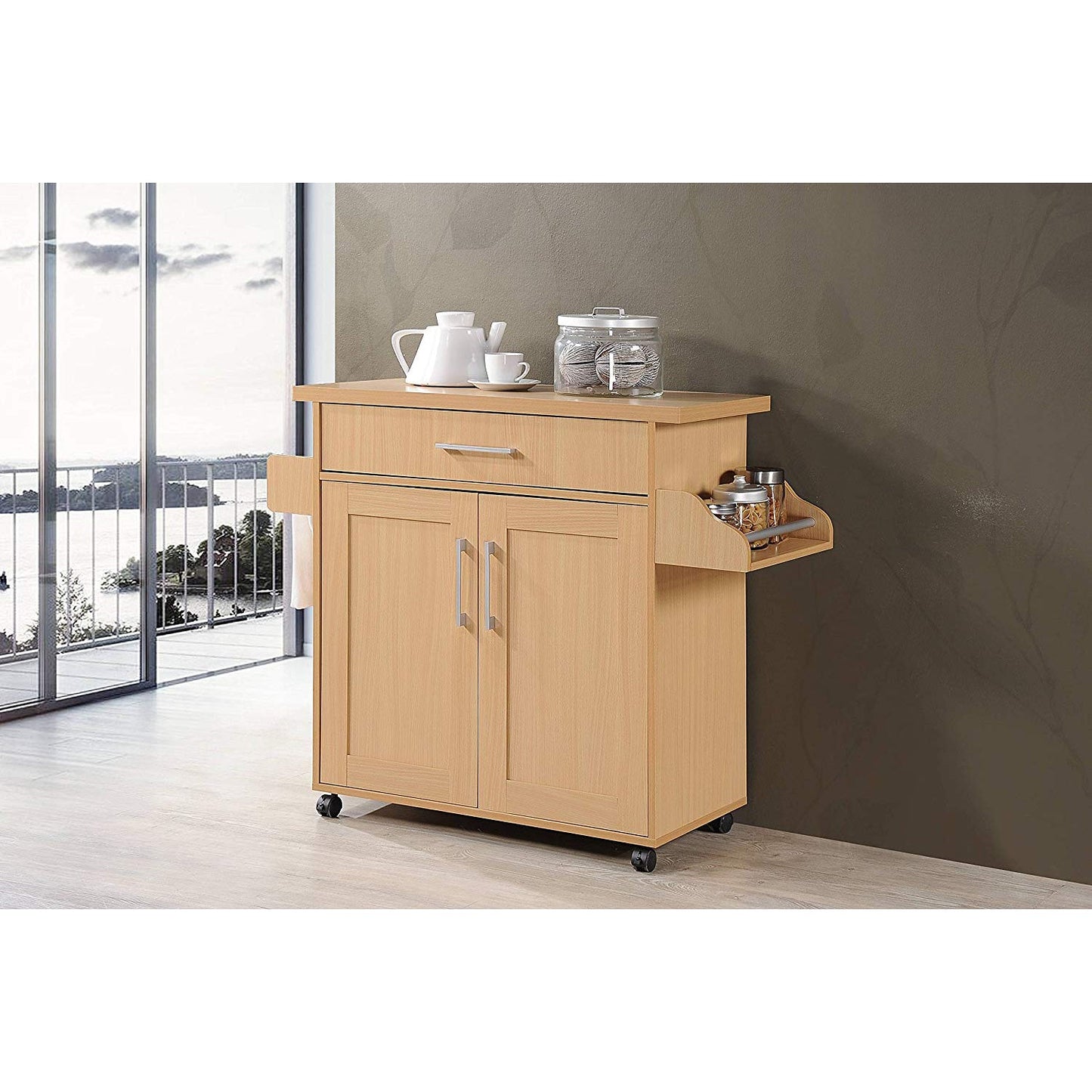 Hodedah Wheeled Kitchen Island with Large Spice Rack and Towel Holder, Beech