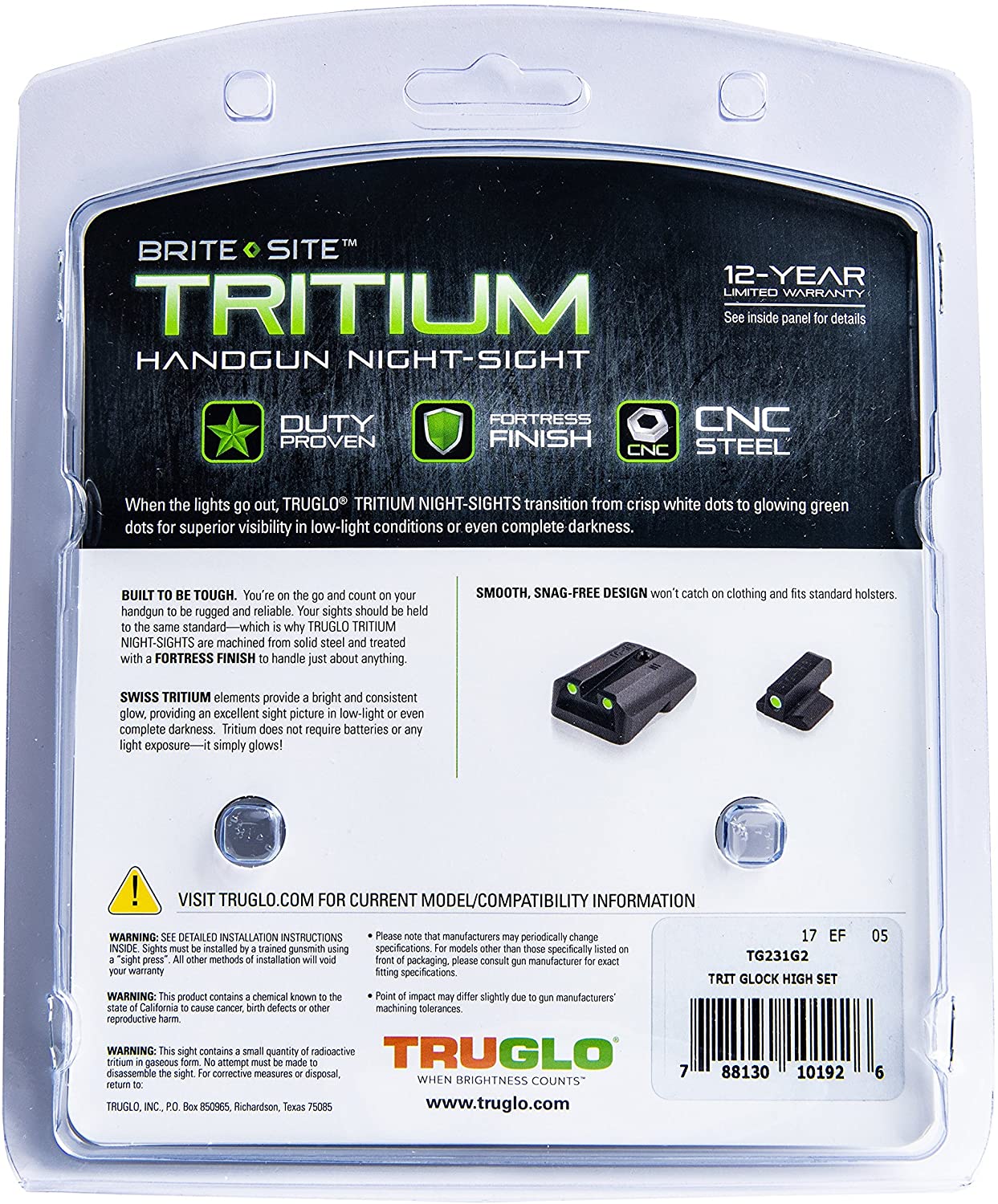 TruGlo Tritium Pro Brite Site High Set Glock Handgun Sight, Glock 20, 21, 29, 30