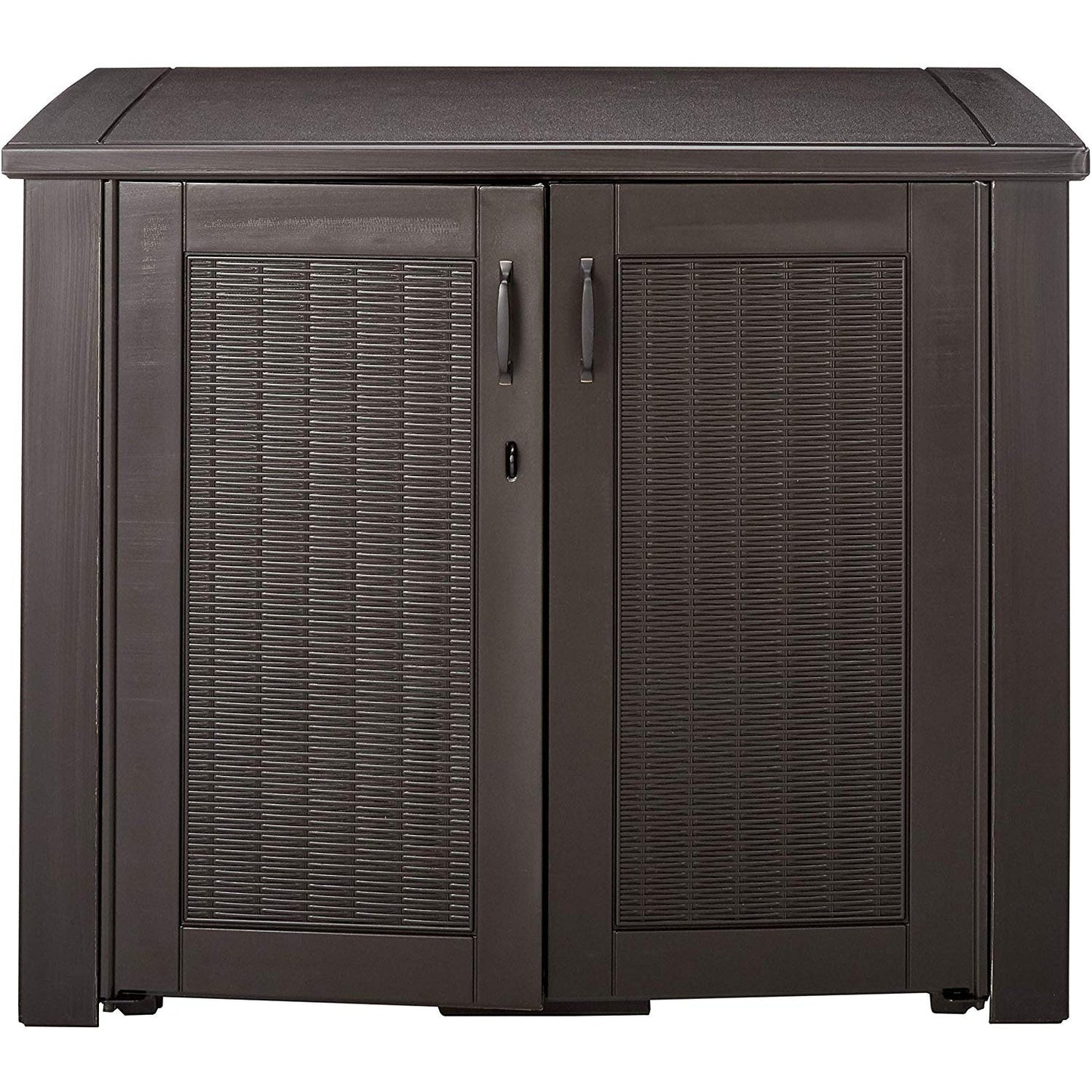 Rubbermaid Weather Resistant Resin Chic Outdoor Patio Storage Cabinet, Black Oak