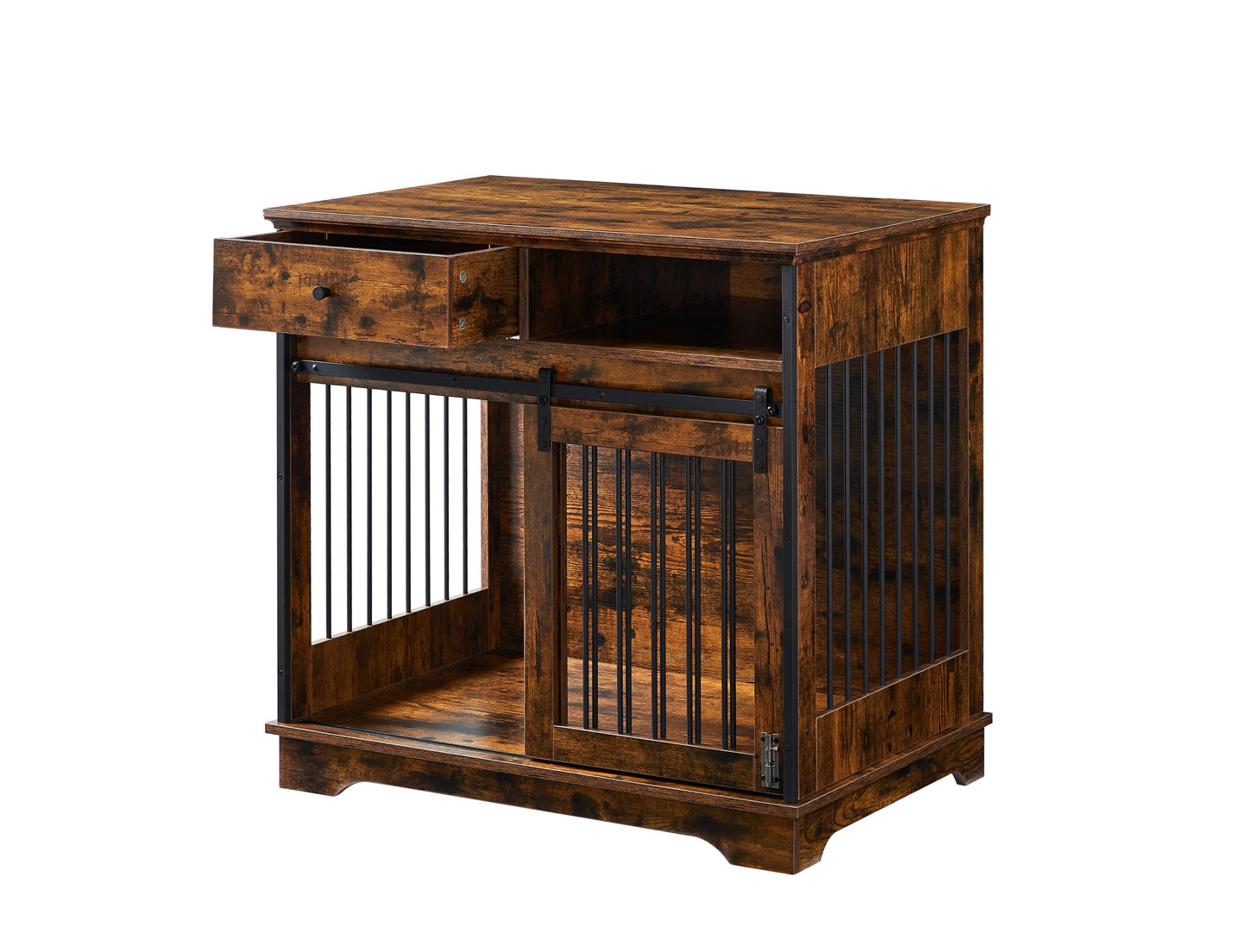 Sliding door dog crate with drawers. Rustic Brown, 35.43" W x 23.62" D x 33.46" H