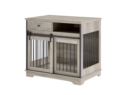 Sliding door dog crate with drawers. Grey,35.43" W x 23.62" D x 33.46" H