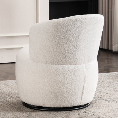 White Plush Swivel Accent Chair - Contemporary Round Armchair with 360 Rotation and Metal Base for Living Room Elegance
