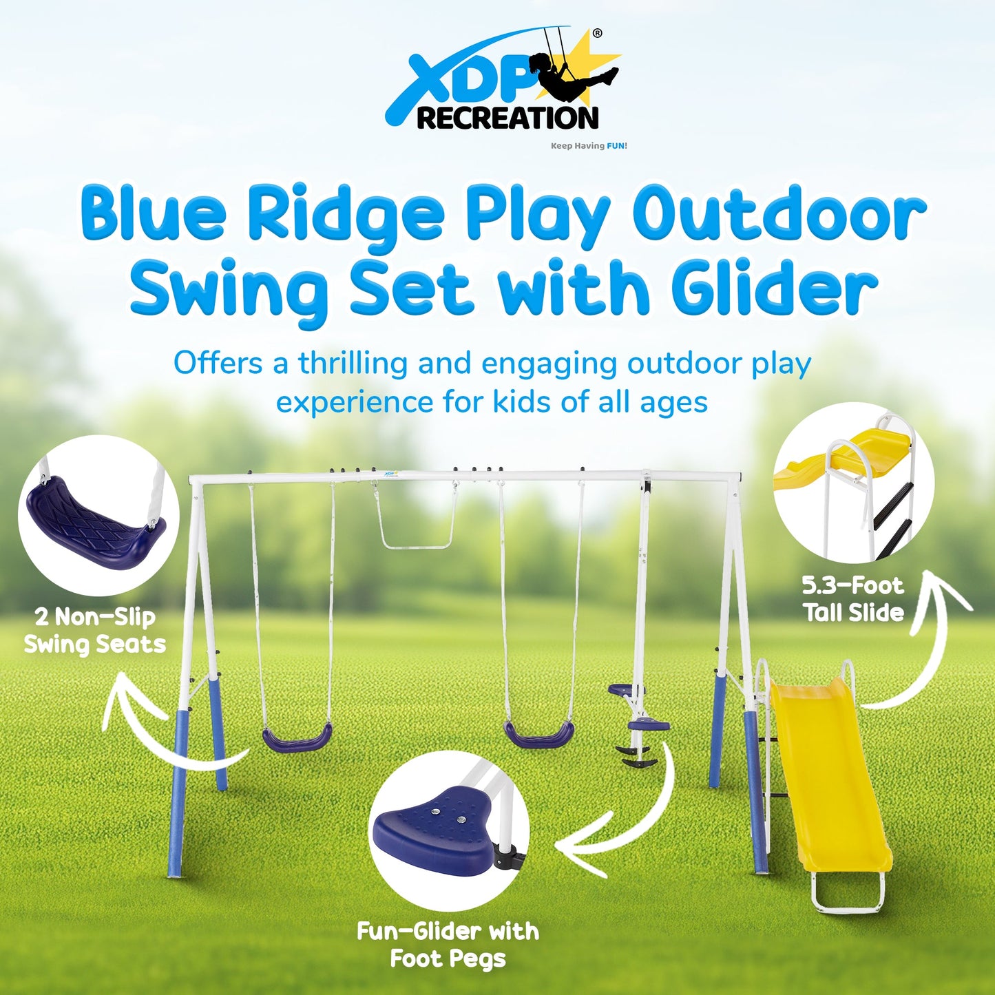 XDP Recreation Blue Ridge Play Outdoor Swing Set with Glider, 2 Swings & Slide