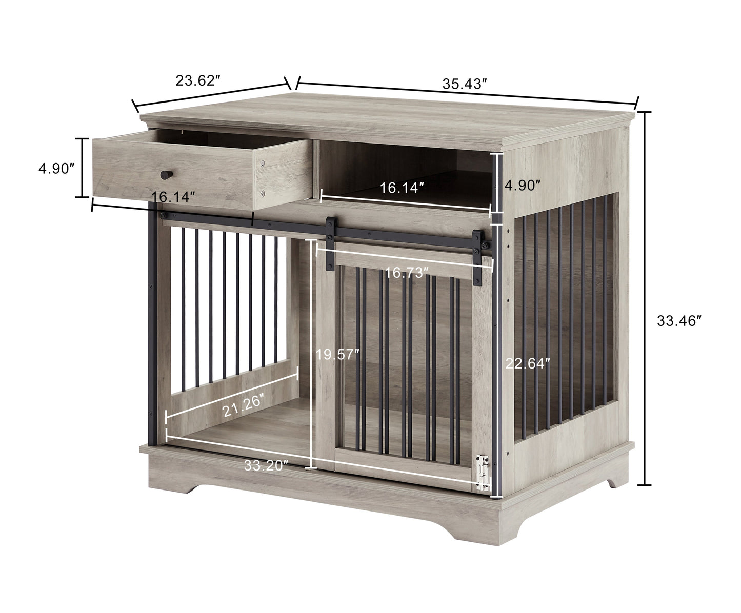 Sliding door dog crate with drawers. Grey,35.43" W x 23.62" D x 33.46" H