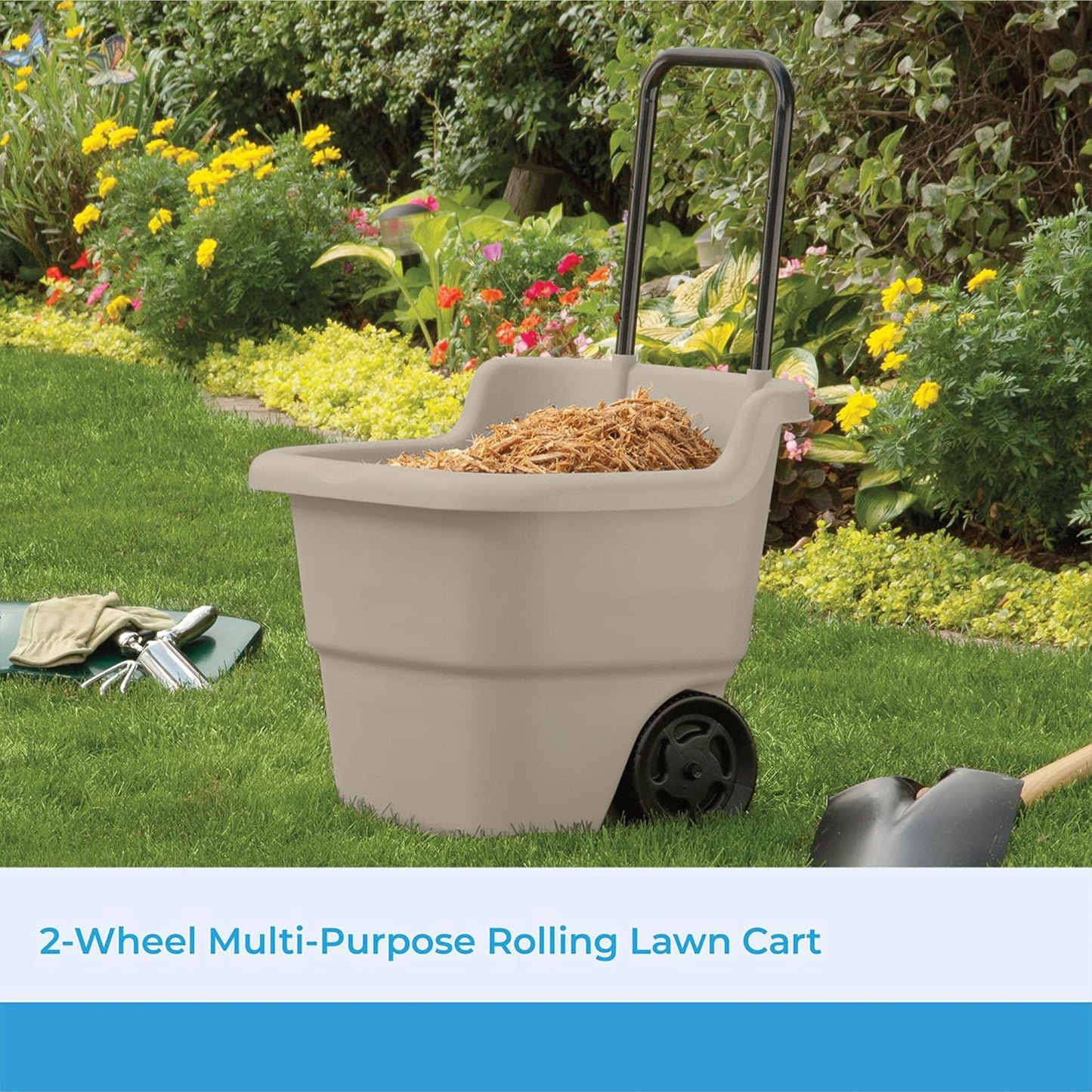 Suncast LC1250D 15 Gallon Poly Multipurpose Rolling Lawn and Garden Cart, Taupe