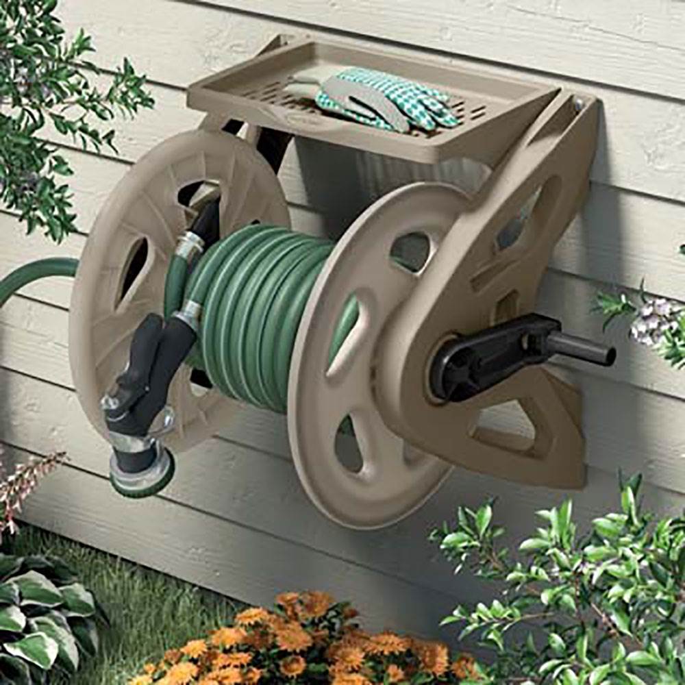 Suncast Handler 200 Foot Resin Wall Mounted Outdoor Garden Hose Reel, Taupe
