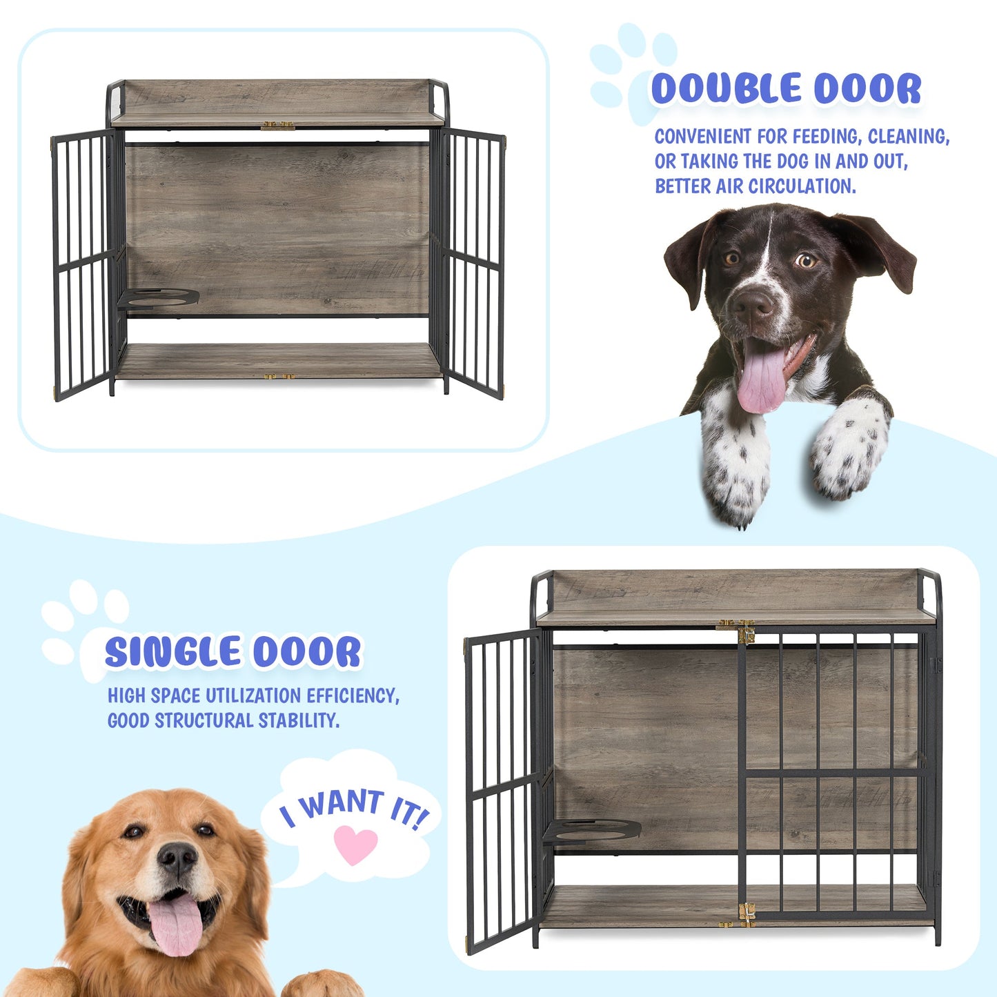 39" Indoor Metal Dog Crate with Double Doors, Wooden Side End Table Crate, Dog Crate Furniture with Adjustable Feeder Stand, for Medium Dog, Gray