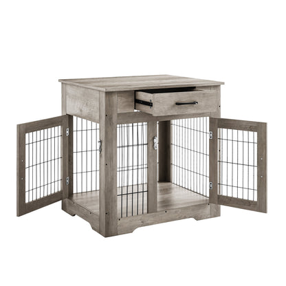 Furniture Style Dog Crate End Table with Drawer, Pet Kennels with Double Doors, Dog House Indoor Use, Grey, 29.9" W x 24.8" D x 30.71" H.