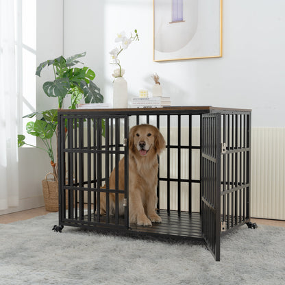 42" Heavy Duty Dog Crate for Large Medium Dogs, Furniture Style cage with 4 Lockable Wheels and 2 Locks, Decorative Pet House Wooden Cage Kennel Furniture Indoor