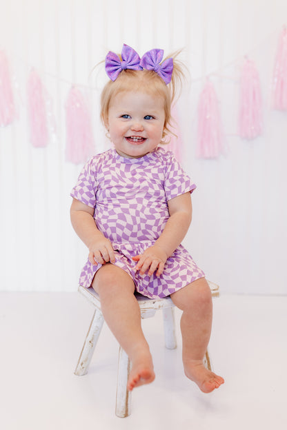 PLUM WAVY CHECKERS DREAM BODYSUIT DRESS