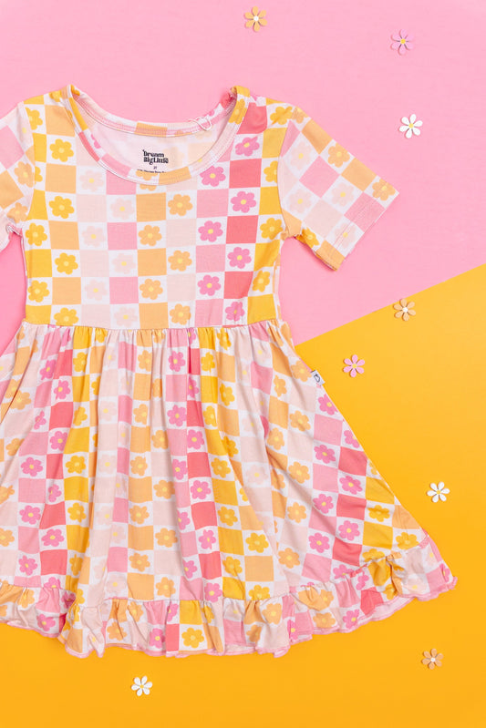 SUMMER SUNSET CHECKERS DREAM RUFFLE DRESS