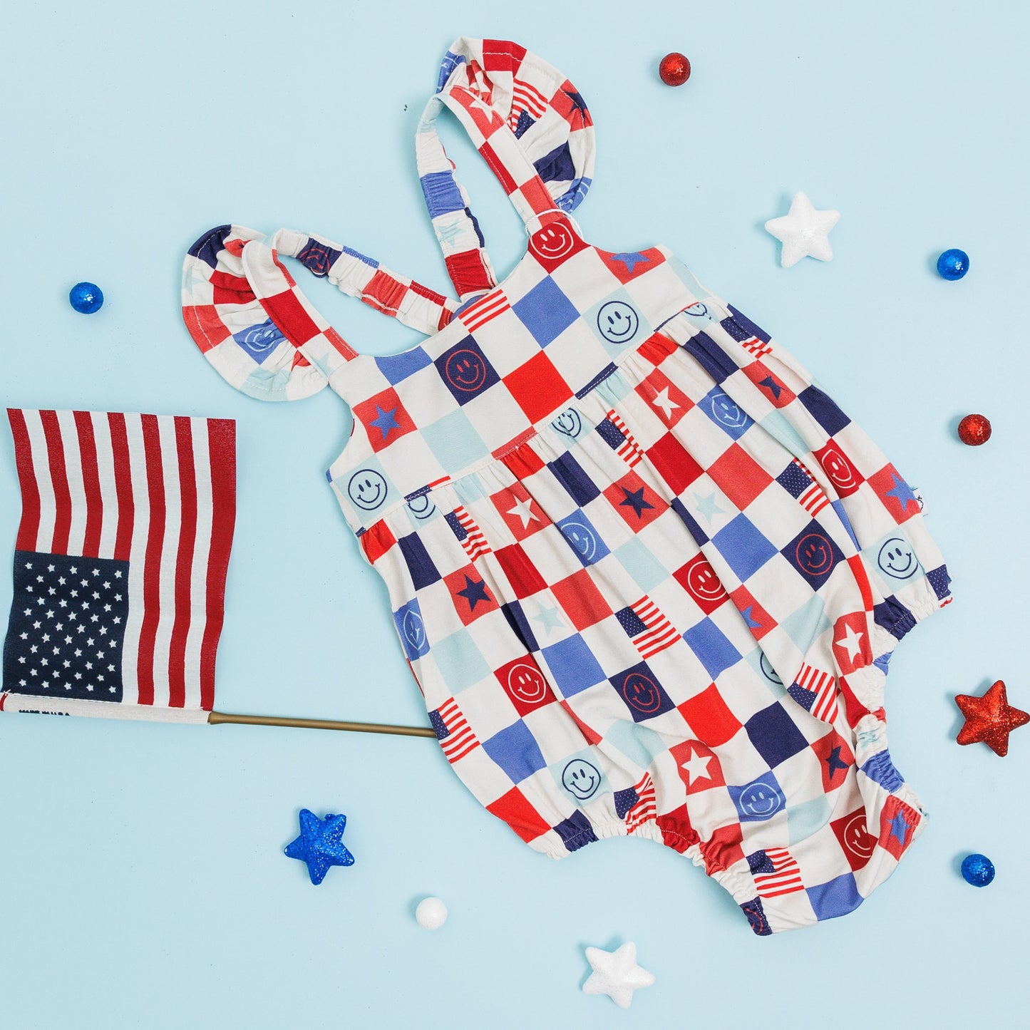 HOME OF THE FREE CHECKERS DREAM BUBBLE ROMPER