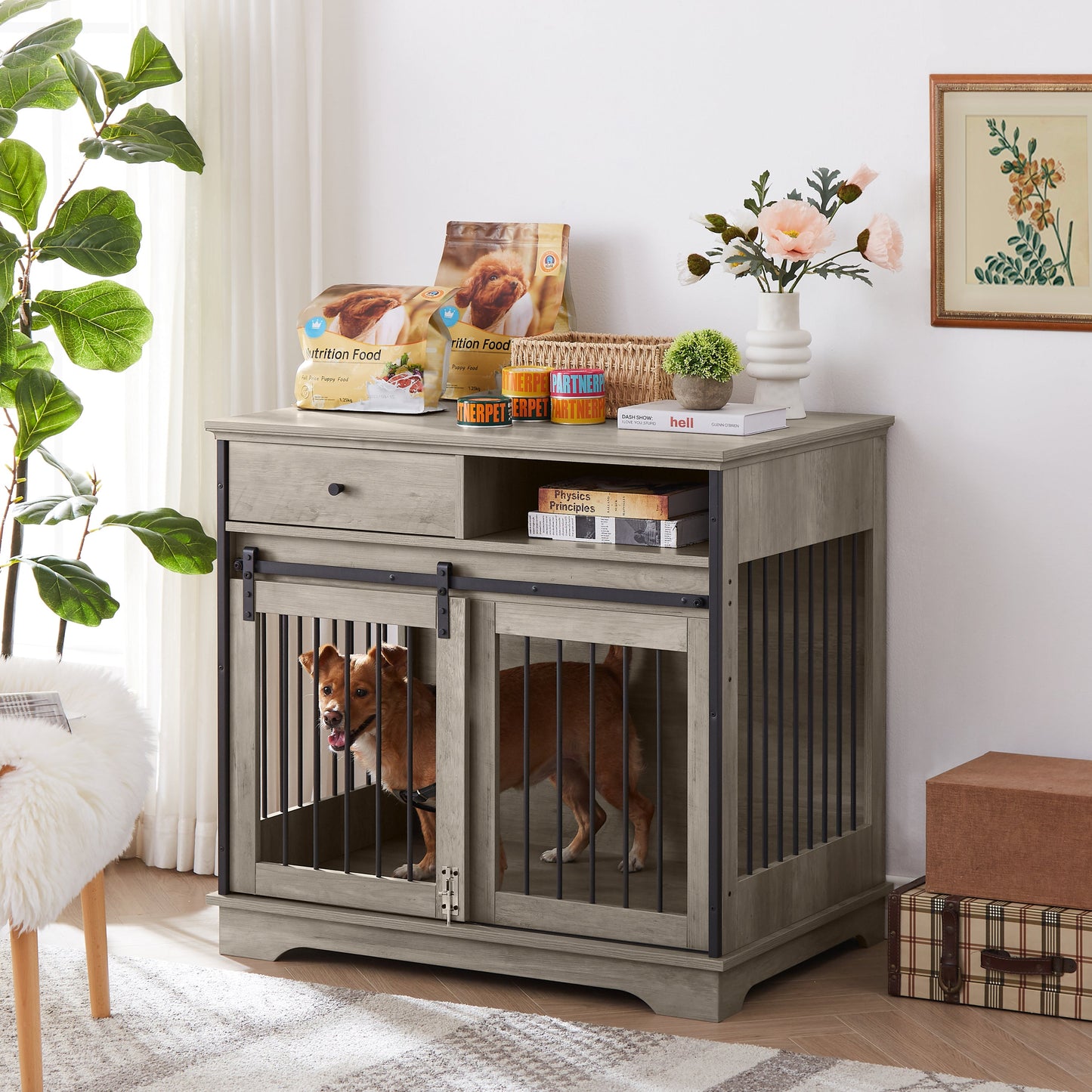 Sliding door dog crate with drawers. Grey,35.43" W x 23.62" D x 33.46" H