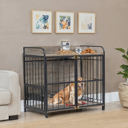 39" Indoor Metal Dog Crate with Double Doors, Wooden Side End Table Crate, Dog Crate Furniture with Adjustable Feeder Stand, for Medium Dog, Gray