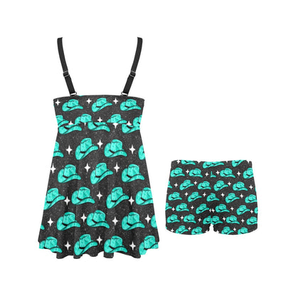 Turquoise Hat Swim Dress & Shorts Set