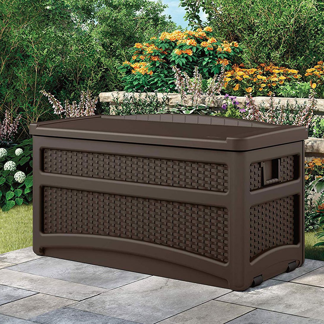 Suncast 73 Gallon Deck Box & Wicker Trash Hideaway Outdoor Garbage Bin, Java