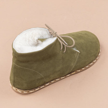 Men's Olive Barefoot Oxford Boots with Fur