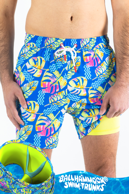 The Oahu Rendezvous | Tropical Leaves Ball Hammock® Pouch 5" Swim Trunks