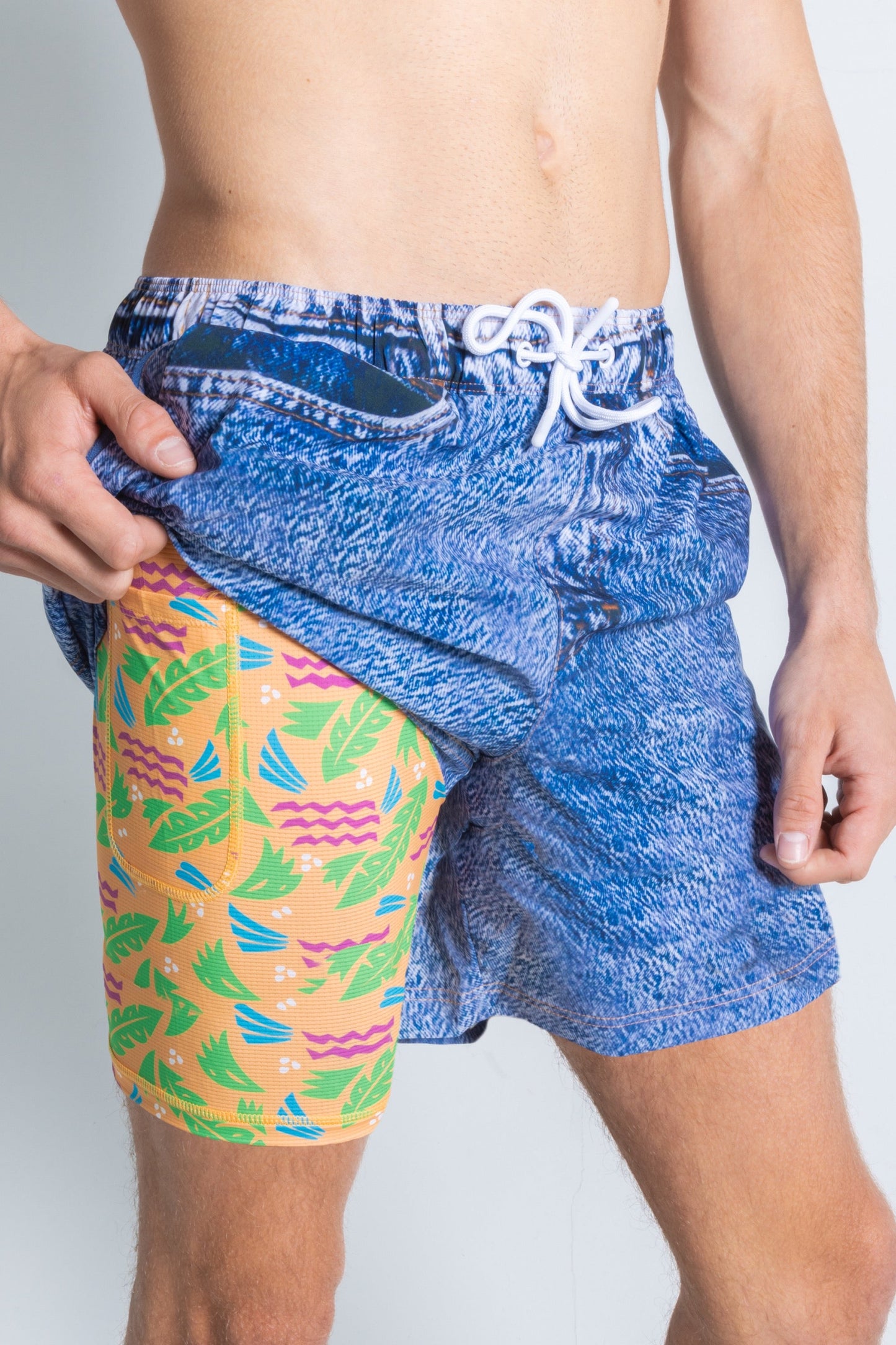 The Boogie Board Lord | Denim Tropical Ball Hammock® Pouch 8" Swim Trunks