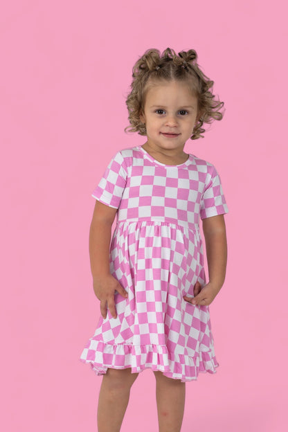 BUBBLEGUM CHECKERS DREAM RUFFLE DRESS