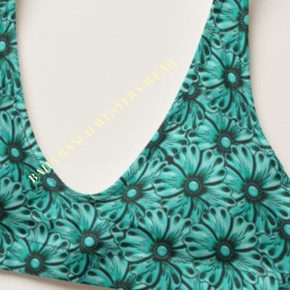 Yeehaw Turquoise Floral Leather Print Bikini