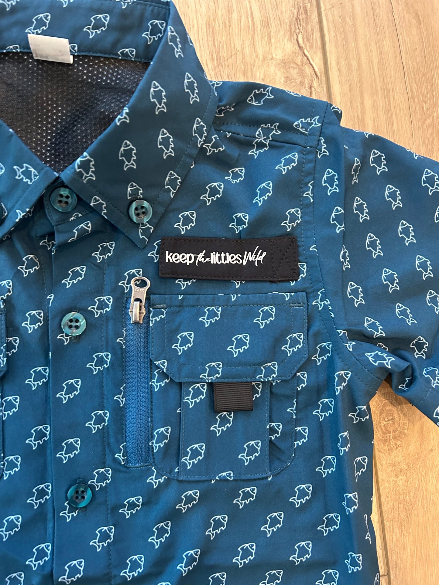 Fishing shirt button up- blue fish