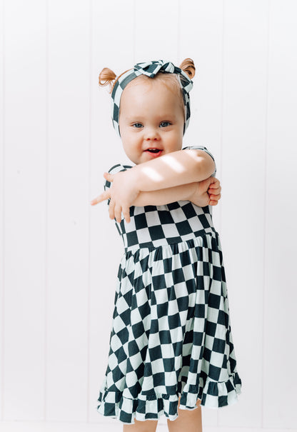 MIDNIGHT CHECKERS DREAM RUFFLE DRESS