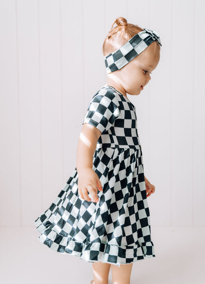 MIDNIGHT CHECKERS DREAM RUFFLE DRESS