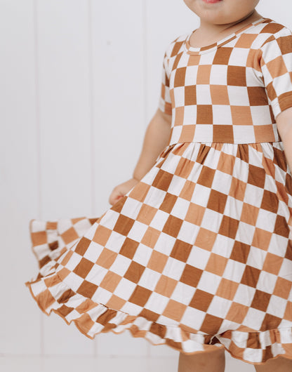 CHESTNUT CHECKERS DREAM RUFFLE DRESS