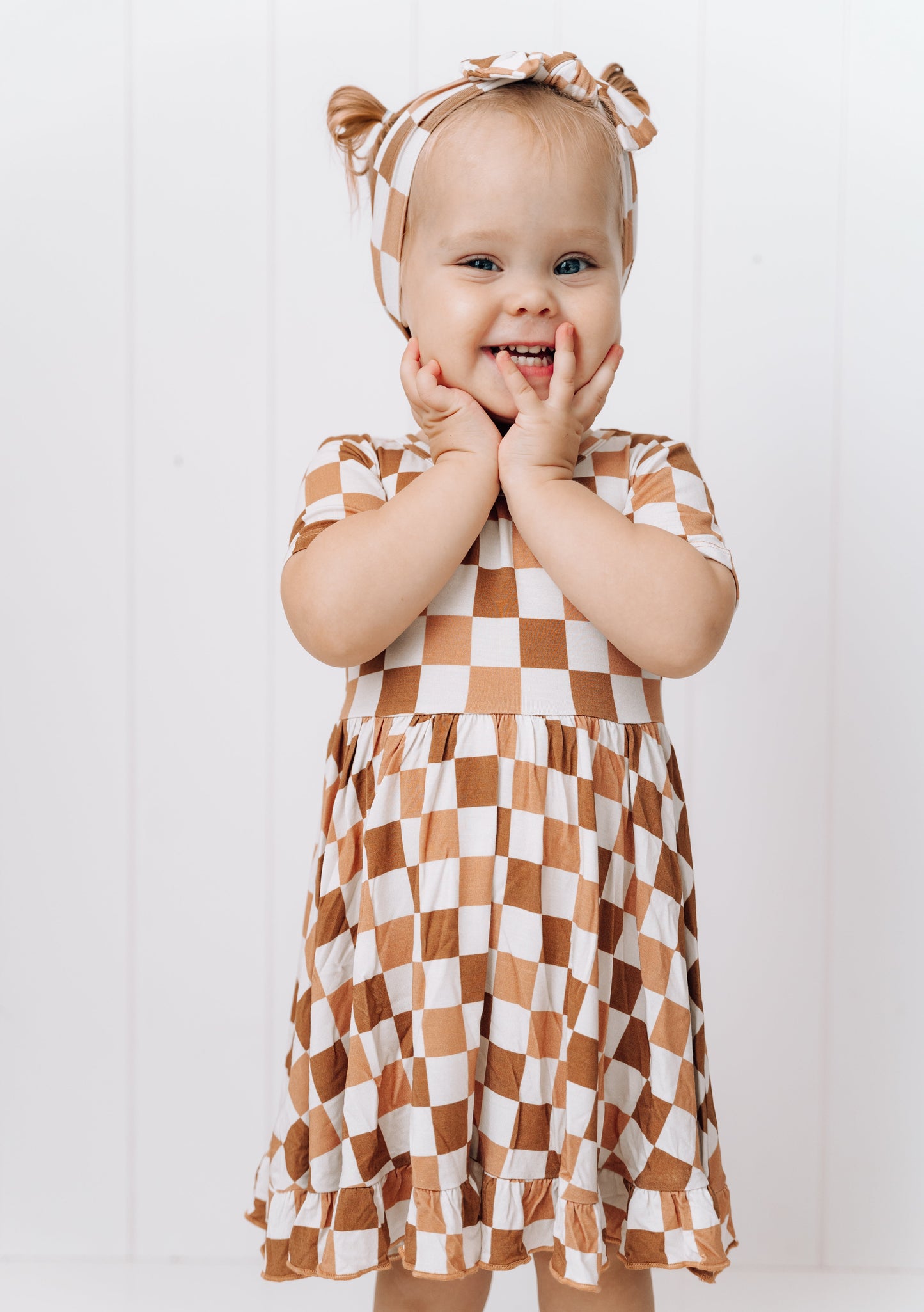 CHESTNUT CHECKERS DREAM RUFFLE DRESS