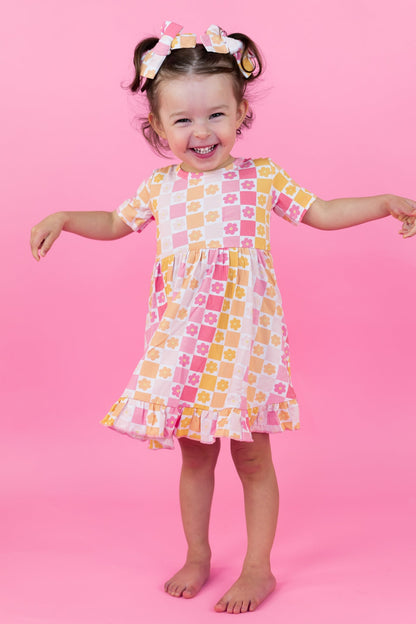 SUMMER SUNSET CHECKERS DREAM RUFFLE DRESS