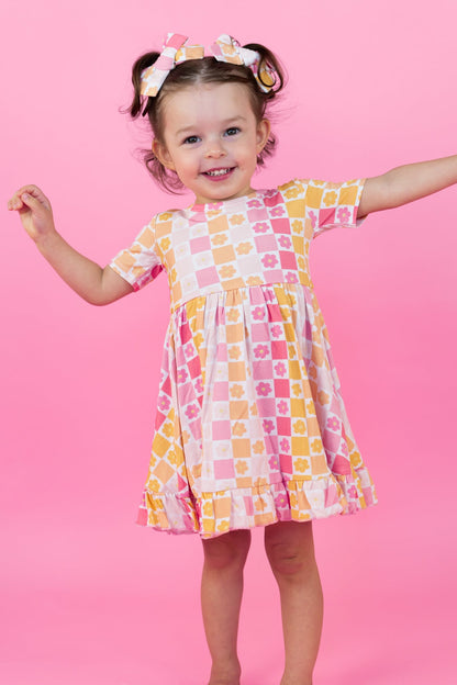 SUMMER SUNSET CHECKERS DREAM RUFFLE DRESS