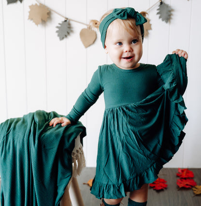 EVERGREEN RIB DREAM RUFFLE DRESS