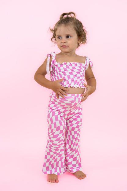 BUBBLEGUM WAVY CHECKERS DREAM SMOCKED FLARE SET