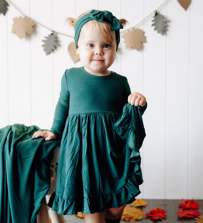 EVERGREEN RIB DREAM RUFFLE DRESS