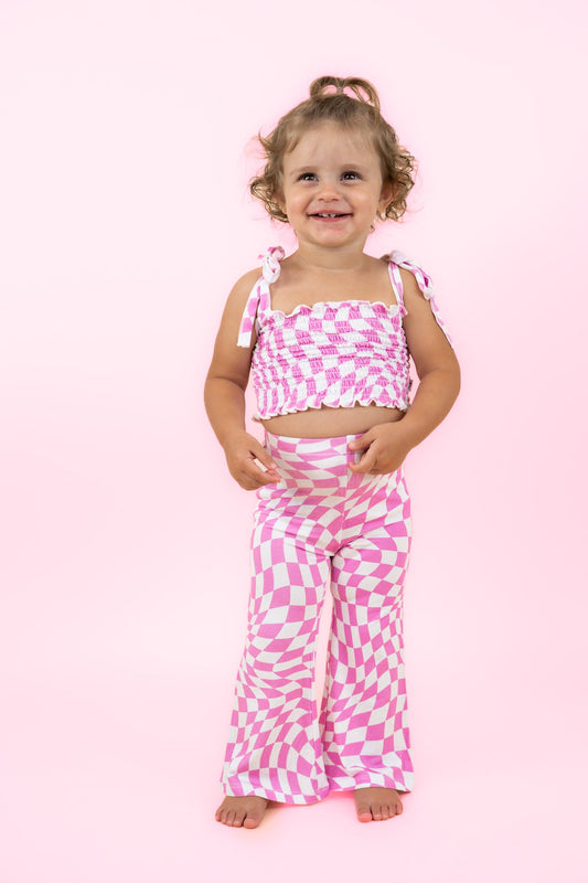 BUBBLEGUM WAVY CHECKERS DREAM SMOCKED FLARE SET