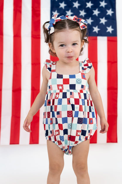 HOME OF THE FREE CHECKERS DREAM BUBBLE ROMPER