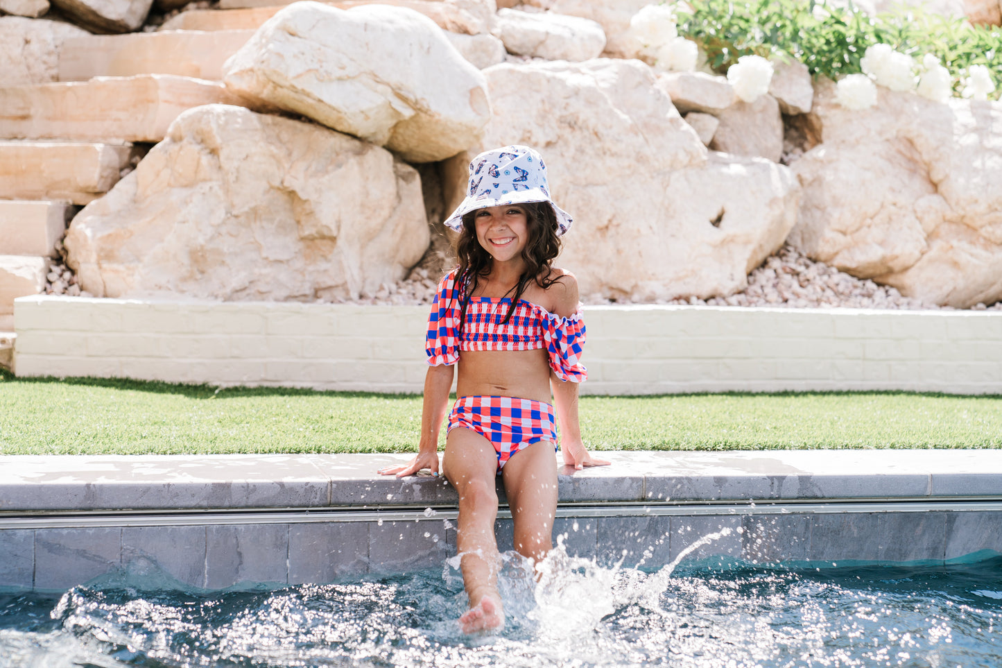 RED, WHITE & TRUMAN DREAM OFF THE SHOULDER SWIM SUIT