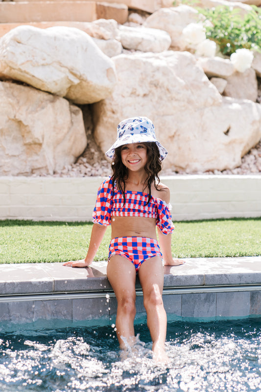 RED, WHITE & TRUMAN DREAM OFF THE SHOULDER SWIM SUIT