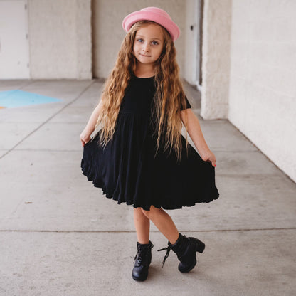 BLACK RIB DREAM RUFFLE DRESS