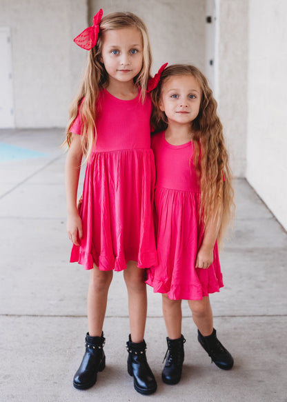 HOT PINK RIB DREAM RUFFLE DRESS