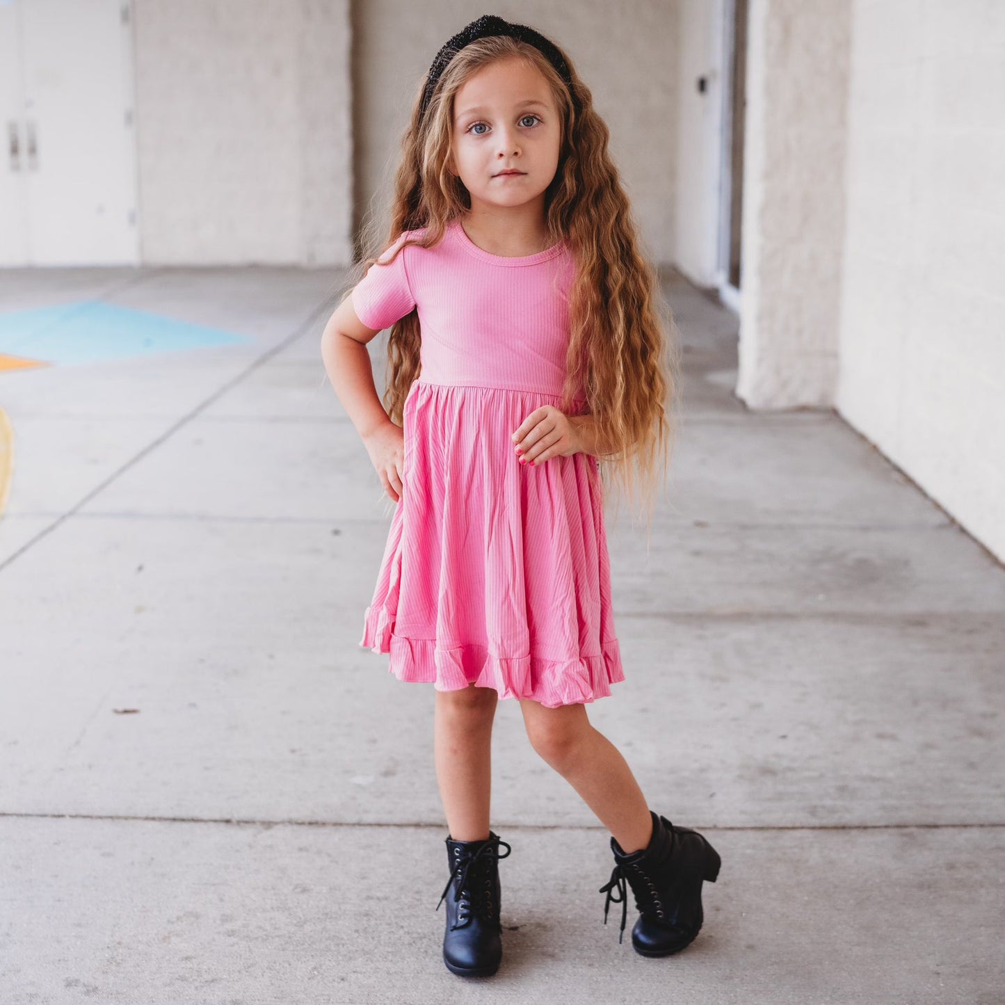 BUBBLEGUM RIB DREAM RUFFLE DRESS