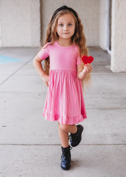 BUBBLEGUM RIB DREAM RUFFLE DRESS