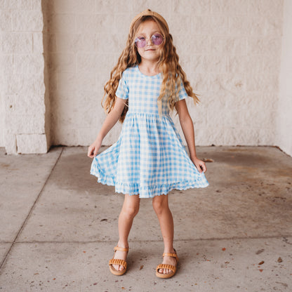 SKY BLUE GINGHAM DREAM RUFFLE DRESS