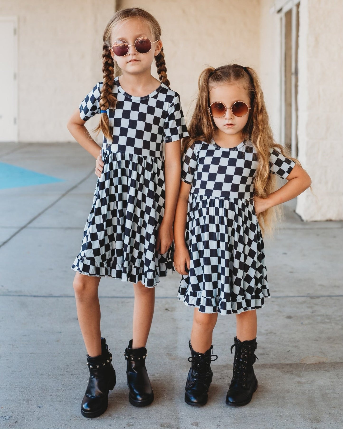 MIDNIGHT CHECKERS DREAM RUFFLE DRESS